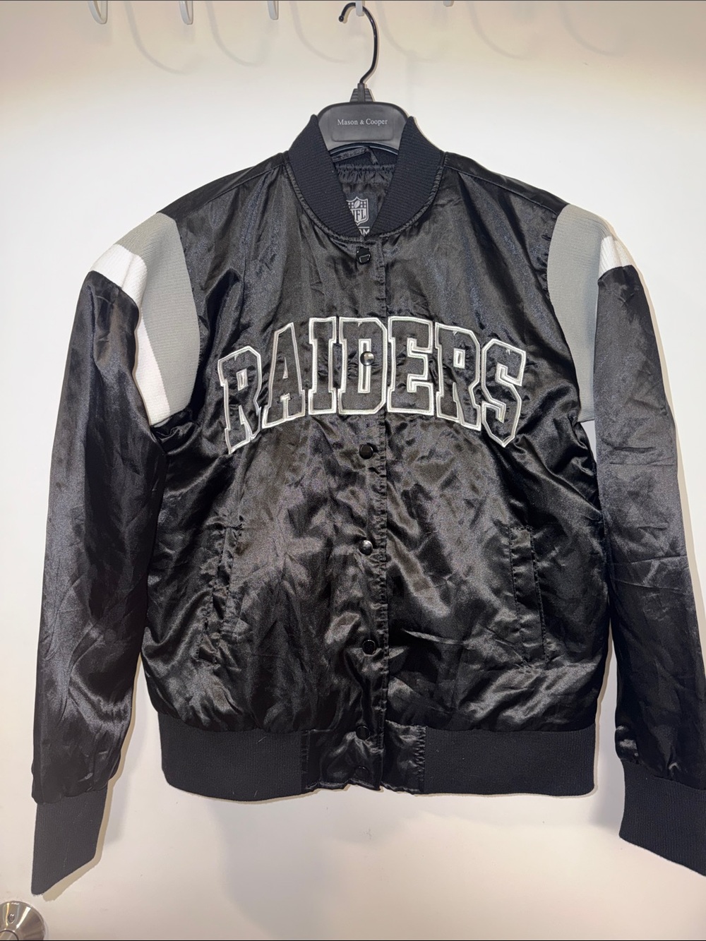 🏈🏴☠️🏈 NFL Raiders Black and Gray Satin Bomber Jacket